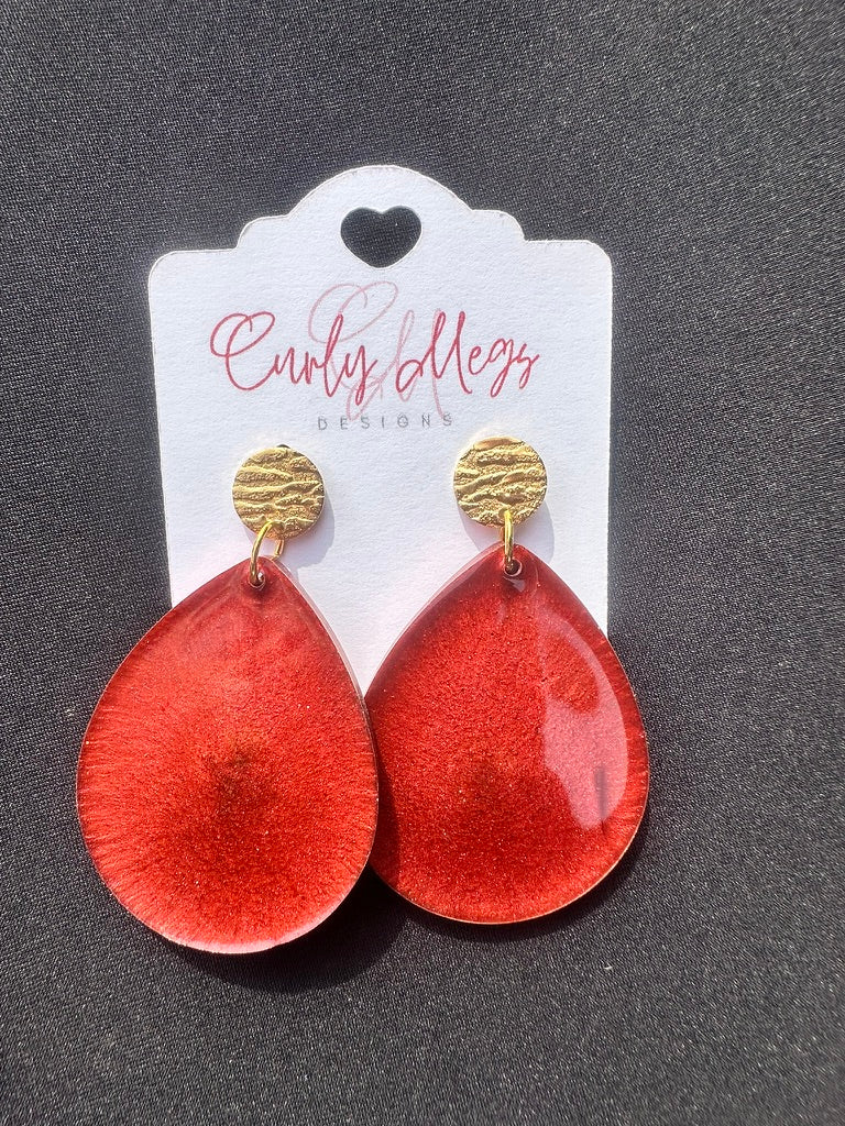 Coral Shimmer Teardrop Earrings with Textured Disc
