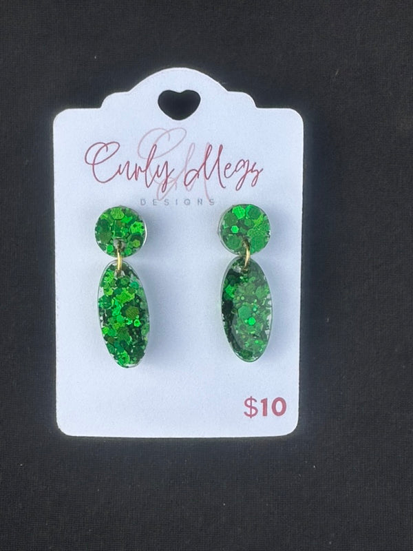 Emerald Glitter Circle Oval Drop Earrings