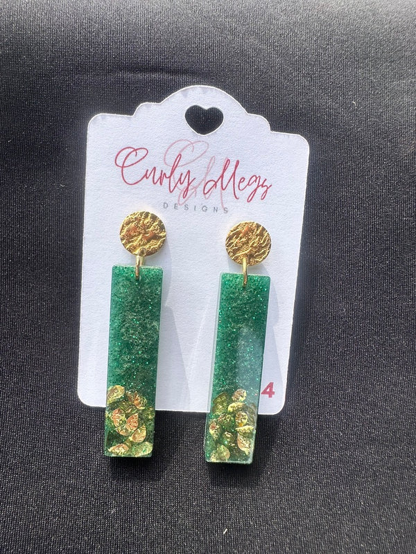 Emerald Gold Foil Bar Drop Earrings with Textured Disc