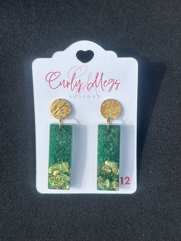 Emerald and Gold Foil Bar Drop Earrings with Textured Disc