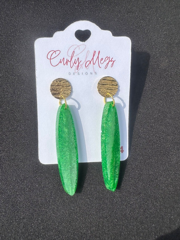Lime Glitter Surfboard Drop Earrings with Textured Disc