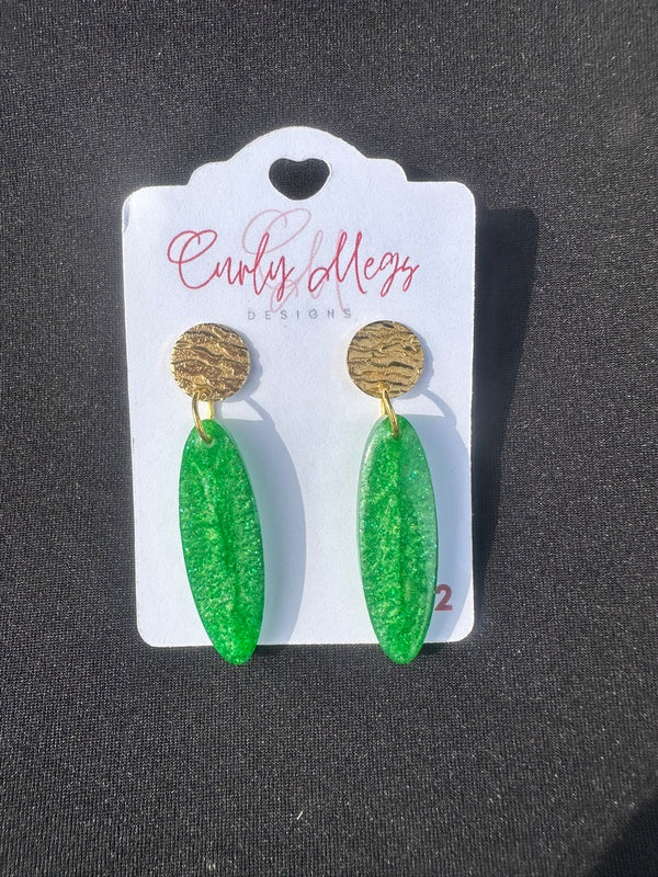 Lime Glitter Surfboard Drop Earrings and Textured Disc