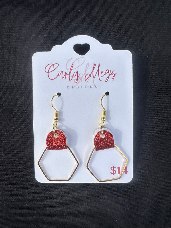 Red Glitter Arch and Gold Hexagon Frame Drop Earrings