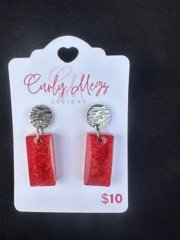 Red Glitter Bar Drop Earrings with Silver Disc