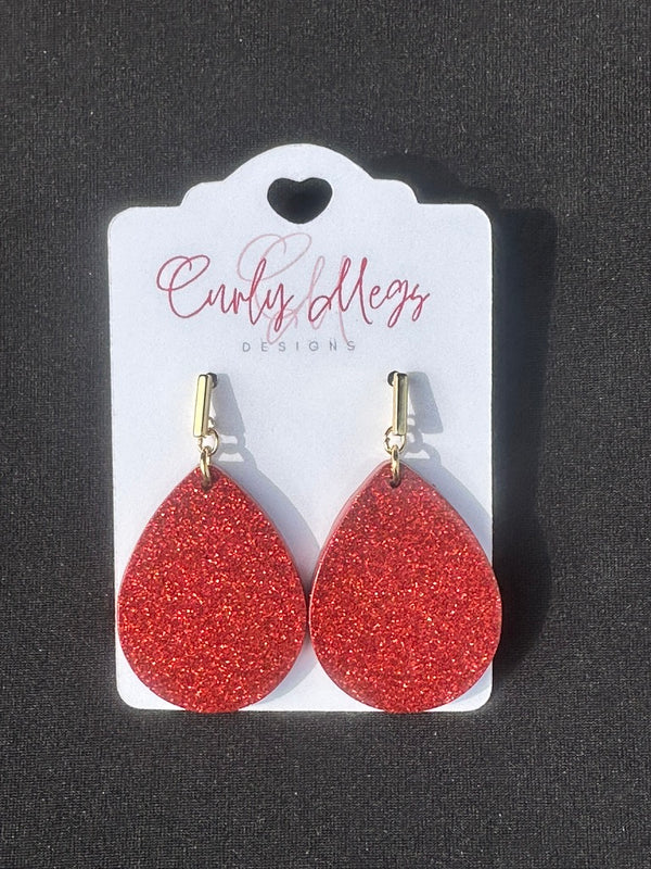 Red Glitter Teardrop Earrings with Bar Post