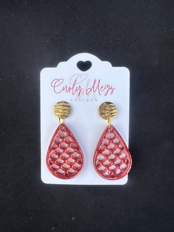 Red Mermaid Scale Teardrop Earrings with Gold Disc